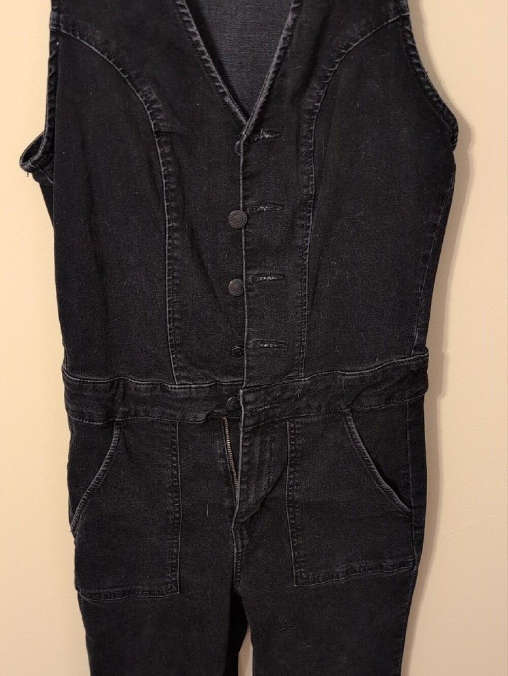 Button-Front Washed Black Country Denim Jumpsuit - Picture 3 of 8